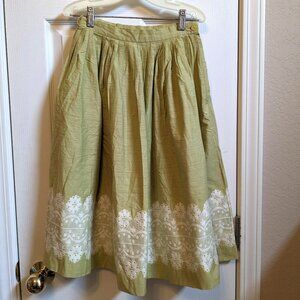 Beautiful Celery Green Pleated Full Skirt 1950s Vintage Side Zip Cotton
